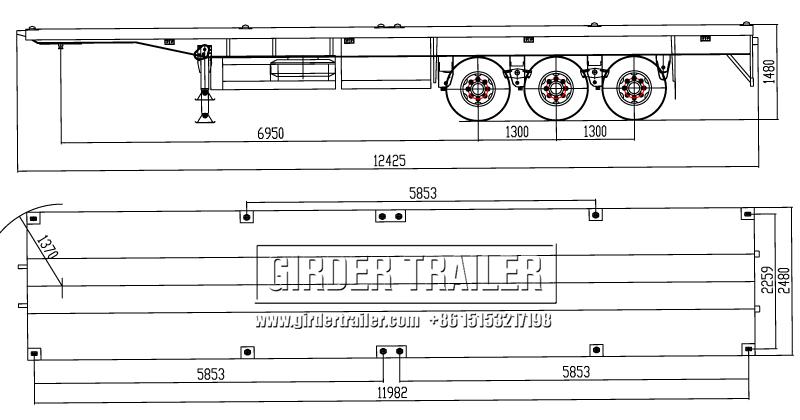 Flatbed trailer technical dimension drawing