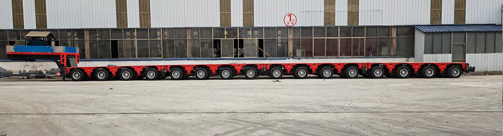 Long convoy of coupled modular trailer axle lines