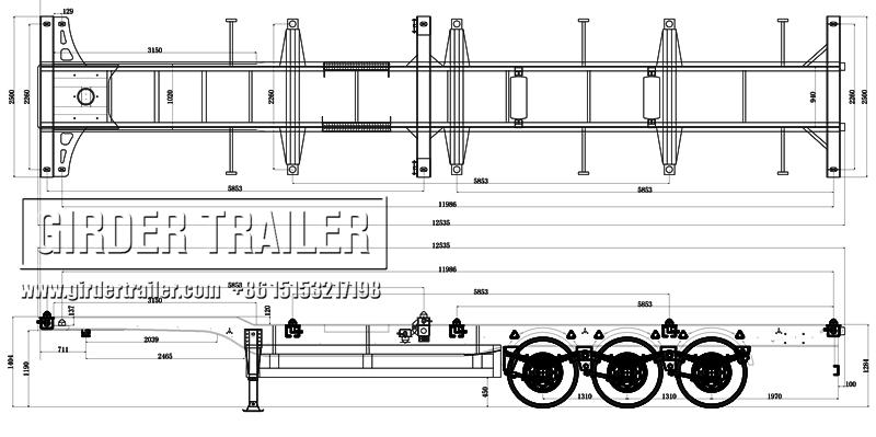 GIRDER TRAILER technical dimension drawing skeleton chassis