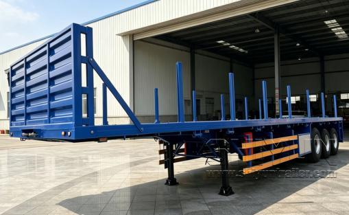 Flatbed trailer with side bars stakes blue closed