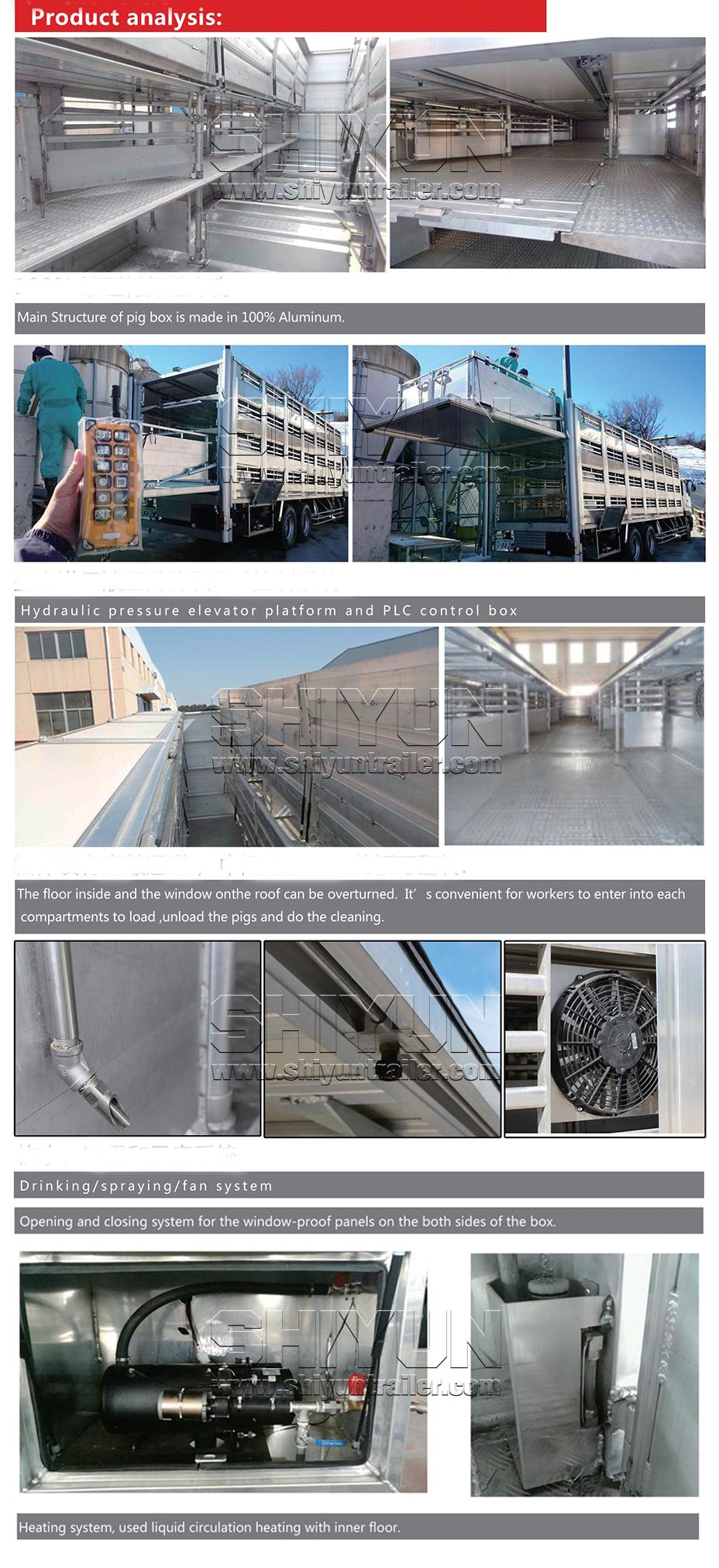 Product analysis: pig box aluminum structure, hydraulic elevator platform, PLC control box, interior floor and window, drinking spraying fan system, heating system